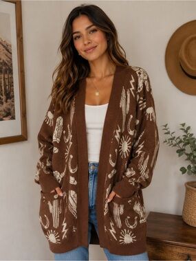 Brown the Amarillo western print  Open-Front Women’s Cardigan Sweater Size Large